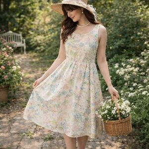 Vintage Handmade Pastel Floral Cottagecore Sleeveless Sundress Sz M/L